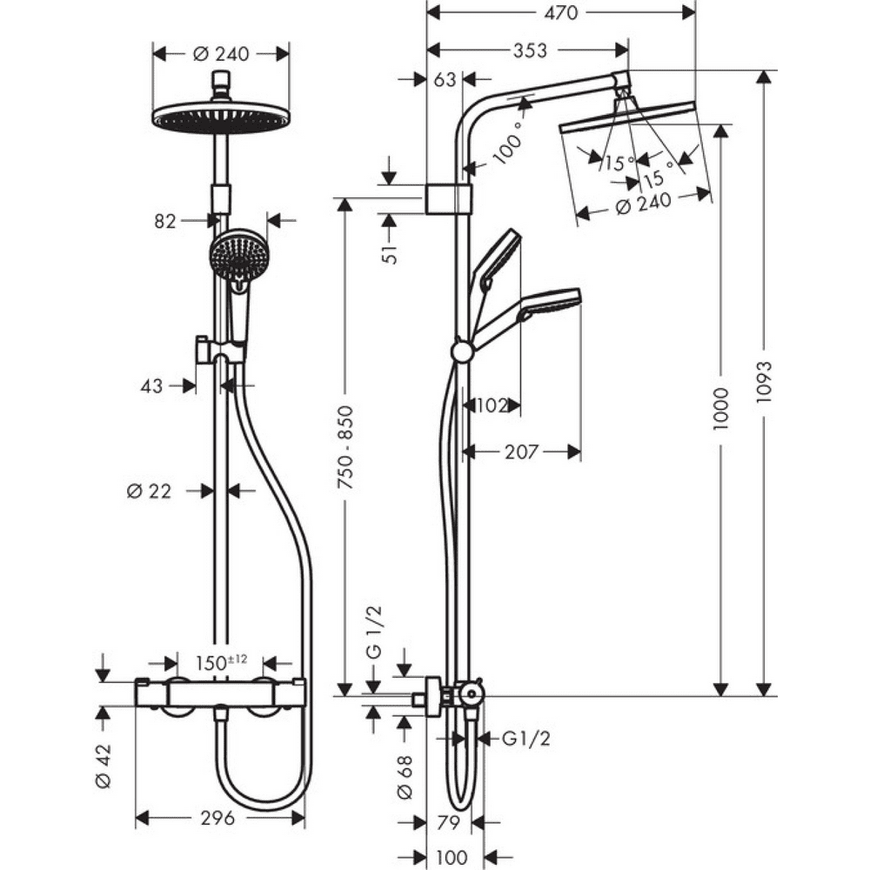 Душова система з термостатом Hansgrohe Crometta S 24026781000 57109 фото | La Dushe | Салон меблів і сантехнікаи Ля Душе | Портал для професіоналів | Дизайн інтер'єрів | Персональний сервіс| Професійна консульація | Дизайн проект | Імпорт з Єверопи