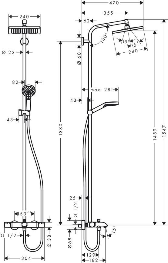 Душова система з термостатом Hansgrohe Crometta E 27298000 54365 фото | La Dushe | Салон меблів і сантехнікаи Ля Душе | Портал для професіоналів | Дизайн інтер'єрів | Персональний сервіс| Професійна консульація | Дизайн проект | Імпорт з Єверопи