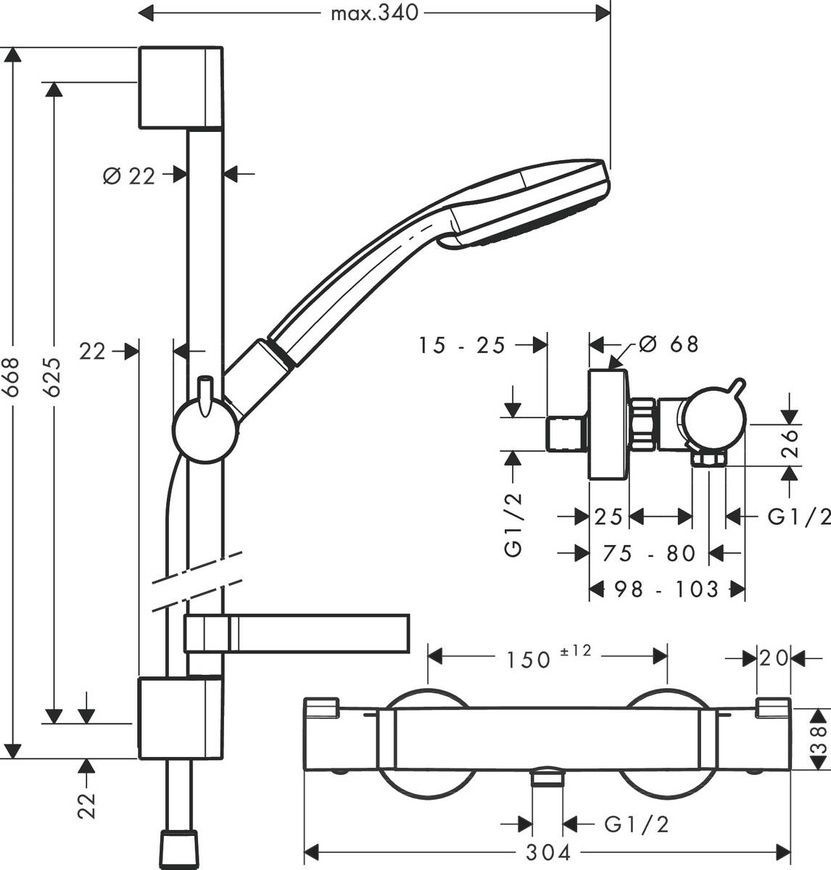 Душевой набор с термостатом и душевой штангой Hansgrohe Croma 27032000 800003754 фото | La Dushe | Салон мебели и сантехники Ля Душе | Портал для профессионалов | Дизайн интерьеров | Персональный сервис | Профессиональная консульция |  Дизайн проект | Импорт из Еверопы