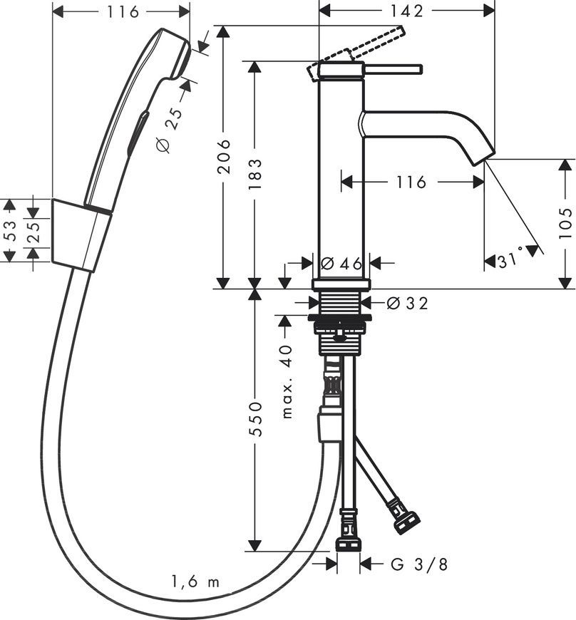 Змішувач для умивальника з гігієнічним душем Hansgrohe Tecturis S 73211000 96968 фото | La Dushe | Салон меблів і сантехнікаи Ля Душе | Портал для професіоналів | Дизайн інтер'єрів | Персональний сервіс| Професійна консульація | Дизайн проект | Імпорт з Єверопи